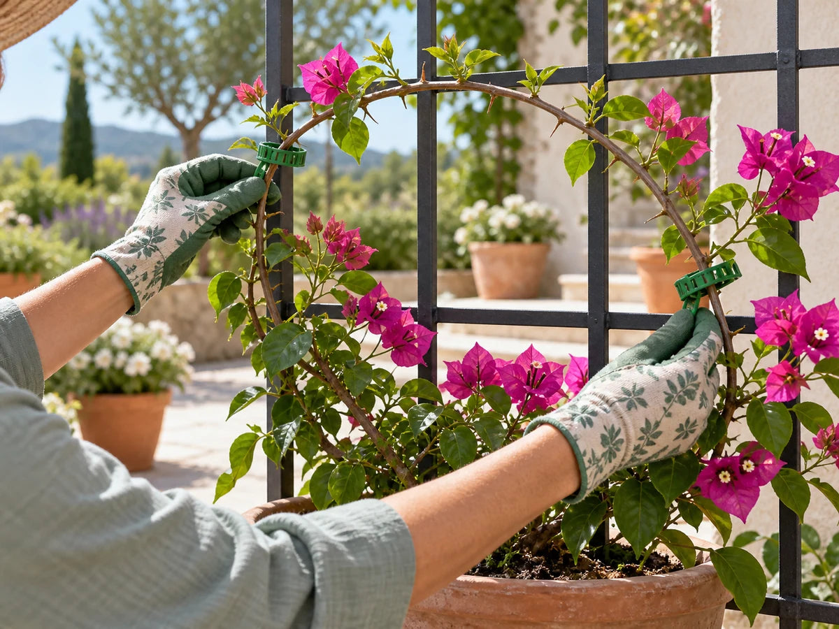 Illustration of clips supporting a curved bougainvillea branch on a trellis