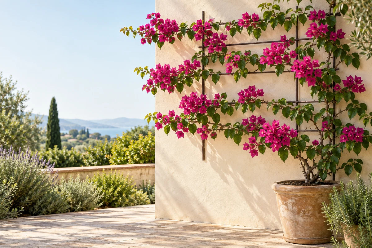 Bougainvillea trained in flowering horizontal tiers on a sunny wall