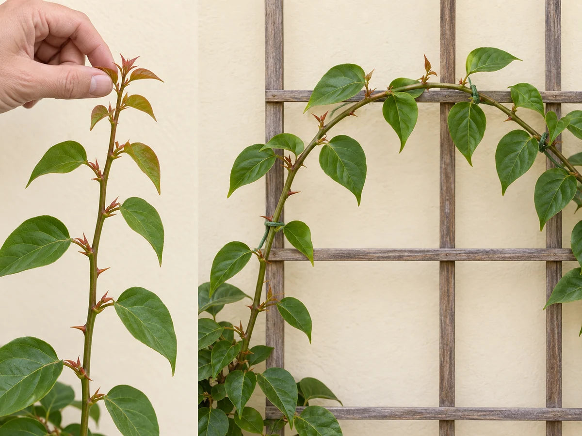 Illustrated sequence showing a bougainvillea tip pinched and a flexible shoot trained in a broad curve across a trellis