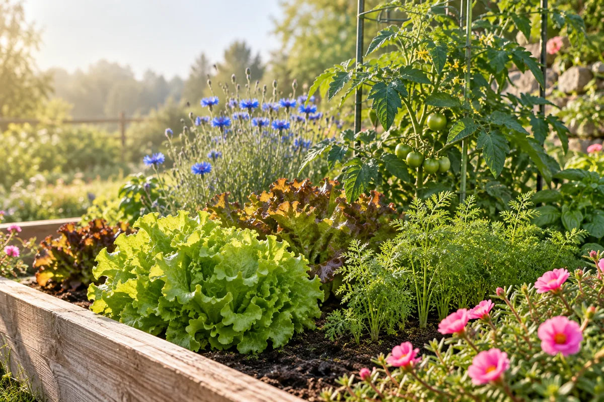 Lettuce, young tomato plants, cornflowers and moss roses growing together in a sunny raised bed