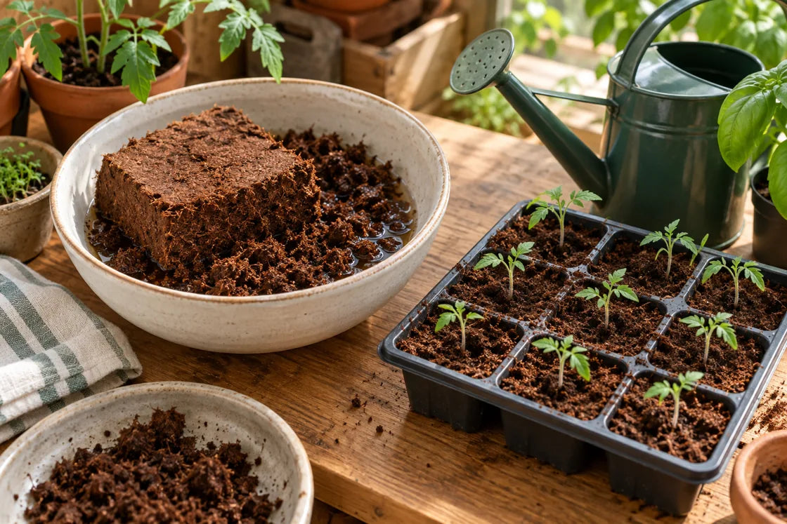 Illustrative scene of rehydrated coconut coir beside a seed-starting tray with young seedlings