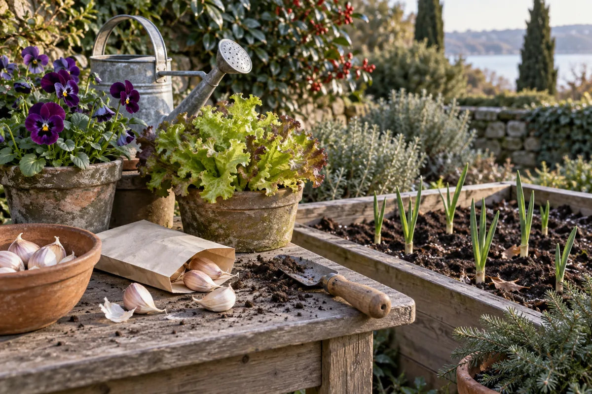 Garlic shoots, lettuce and pansies in a sheltered December garden