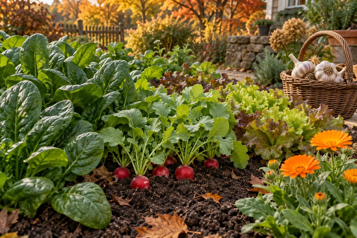 Spinach, radishes, lettuce and calendula in an autumn garden