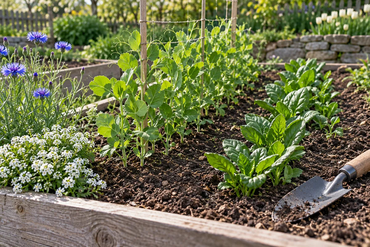 Peas, spinach, cornflowers and alyssum growing together in a spring bed