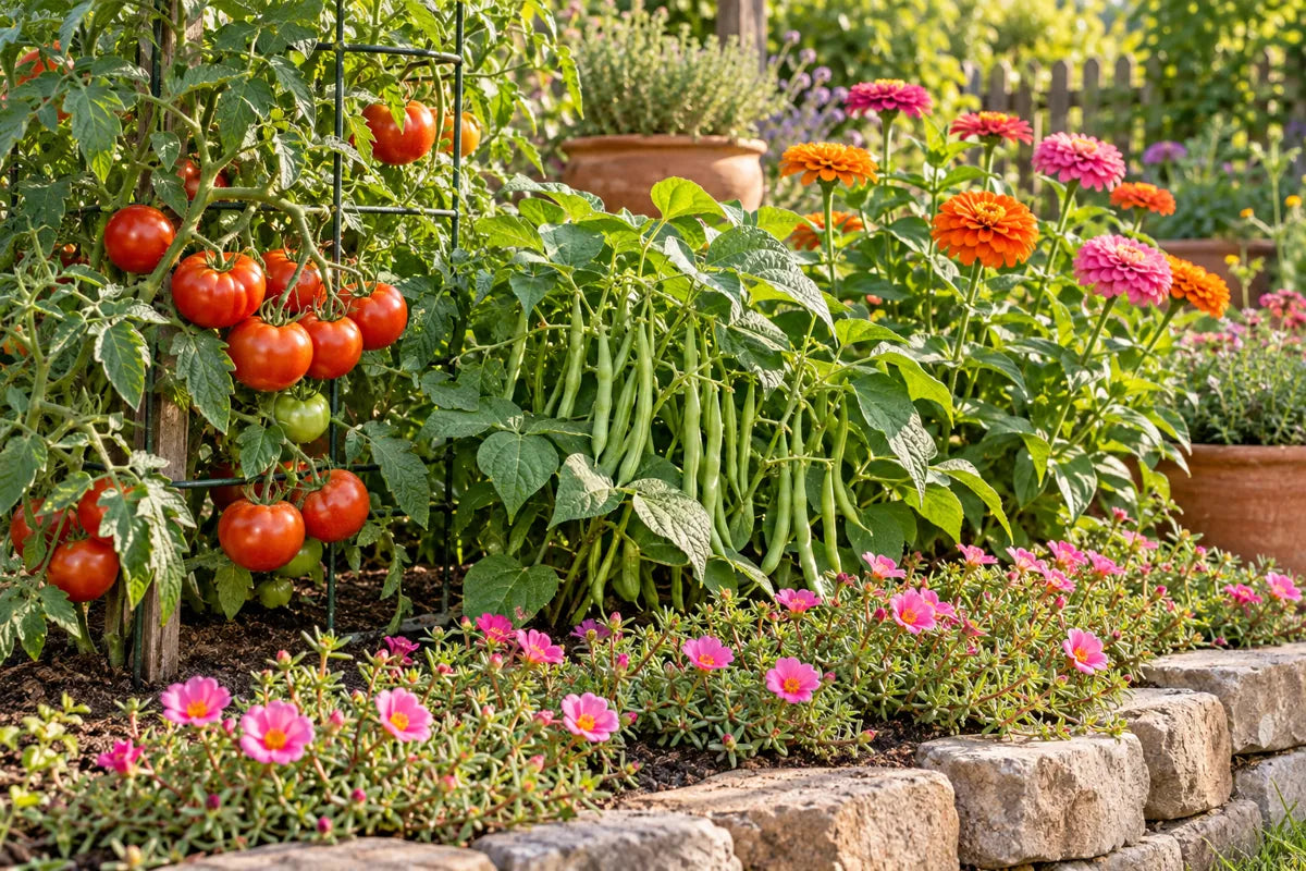 Tomatoes, bush beans, zinnias and moss rose in a summer garden