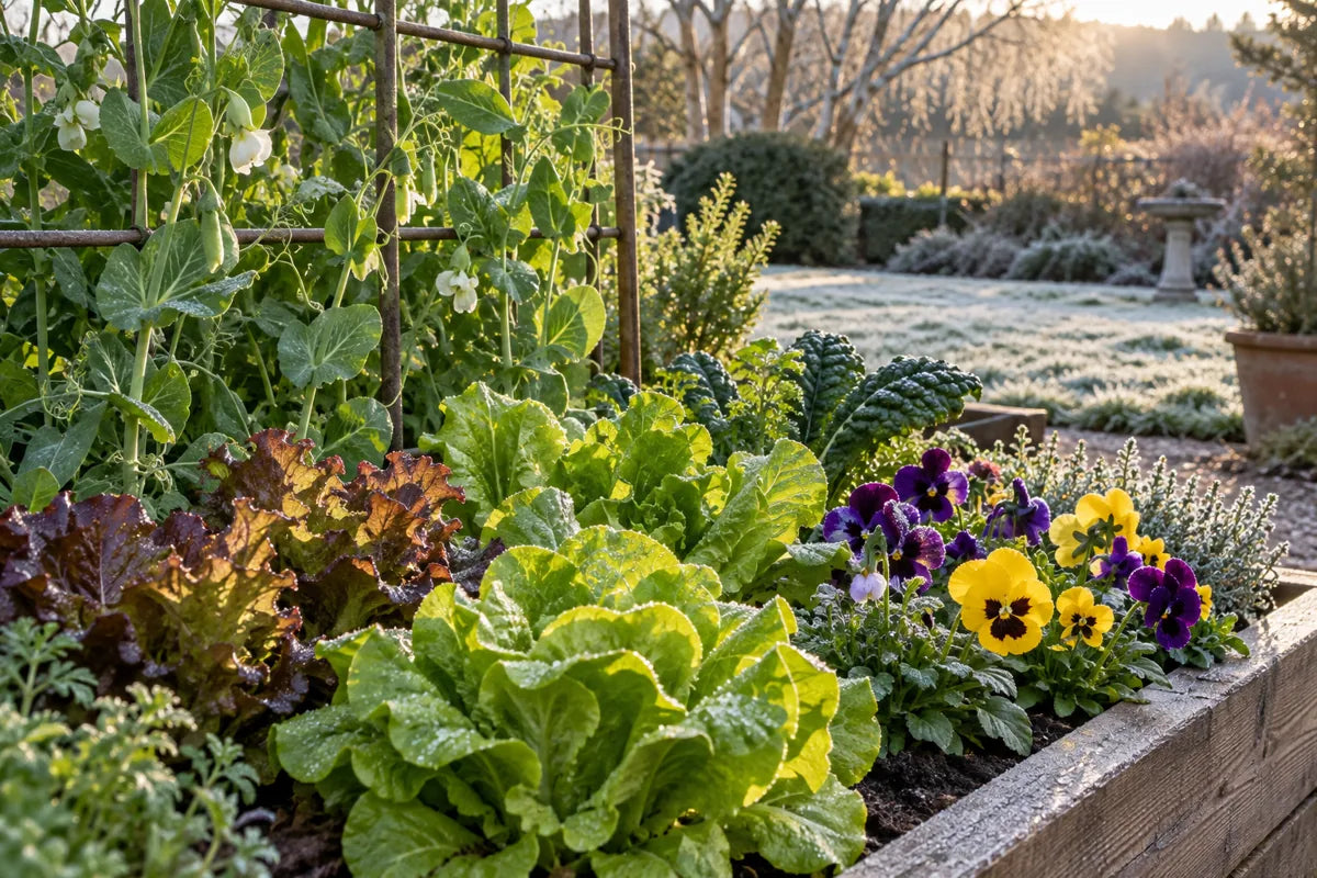 Pea vines, leafy lettuce and pansies growing during a mild winter morning