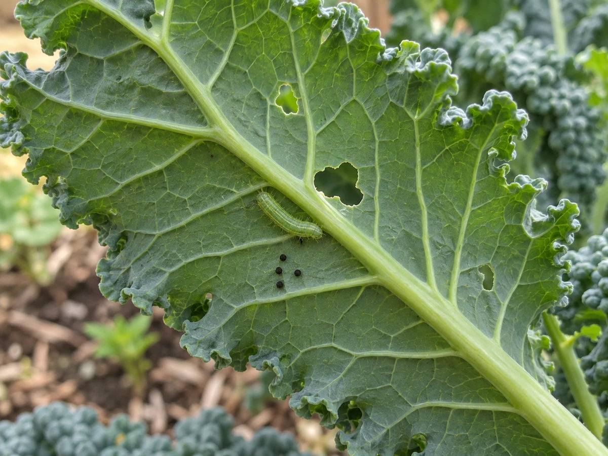 Illustrative kale leaf with irregular chewing holes, a small green caterpillar, and dark frass pellets