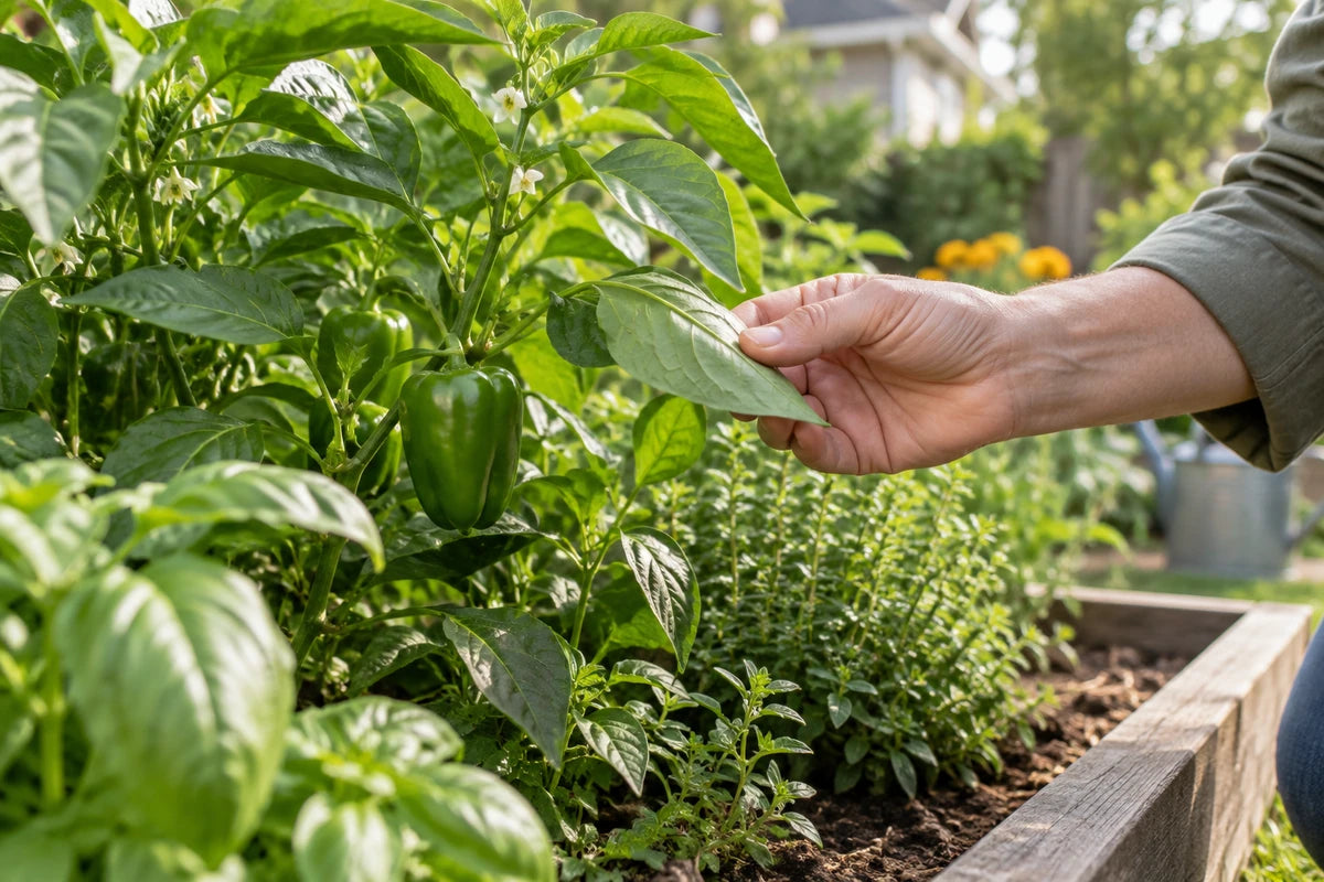 Gardener lifting a pepper leaf to inspect its underside in a backyard raised bed