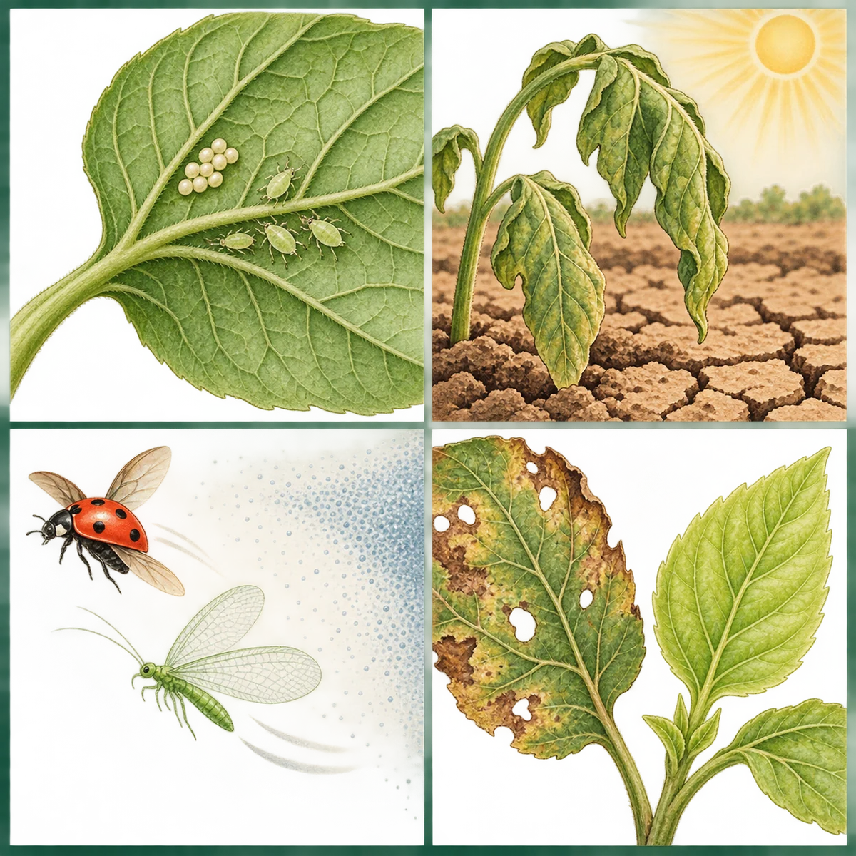 Botanical field-guide plate showing hidden aphids and eggs, a drought-stressed plant, beneficial insects leaving spray mist, and an old damaged leaf beside clean new growth