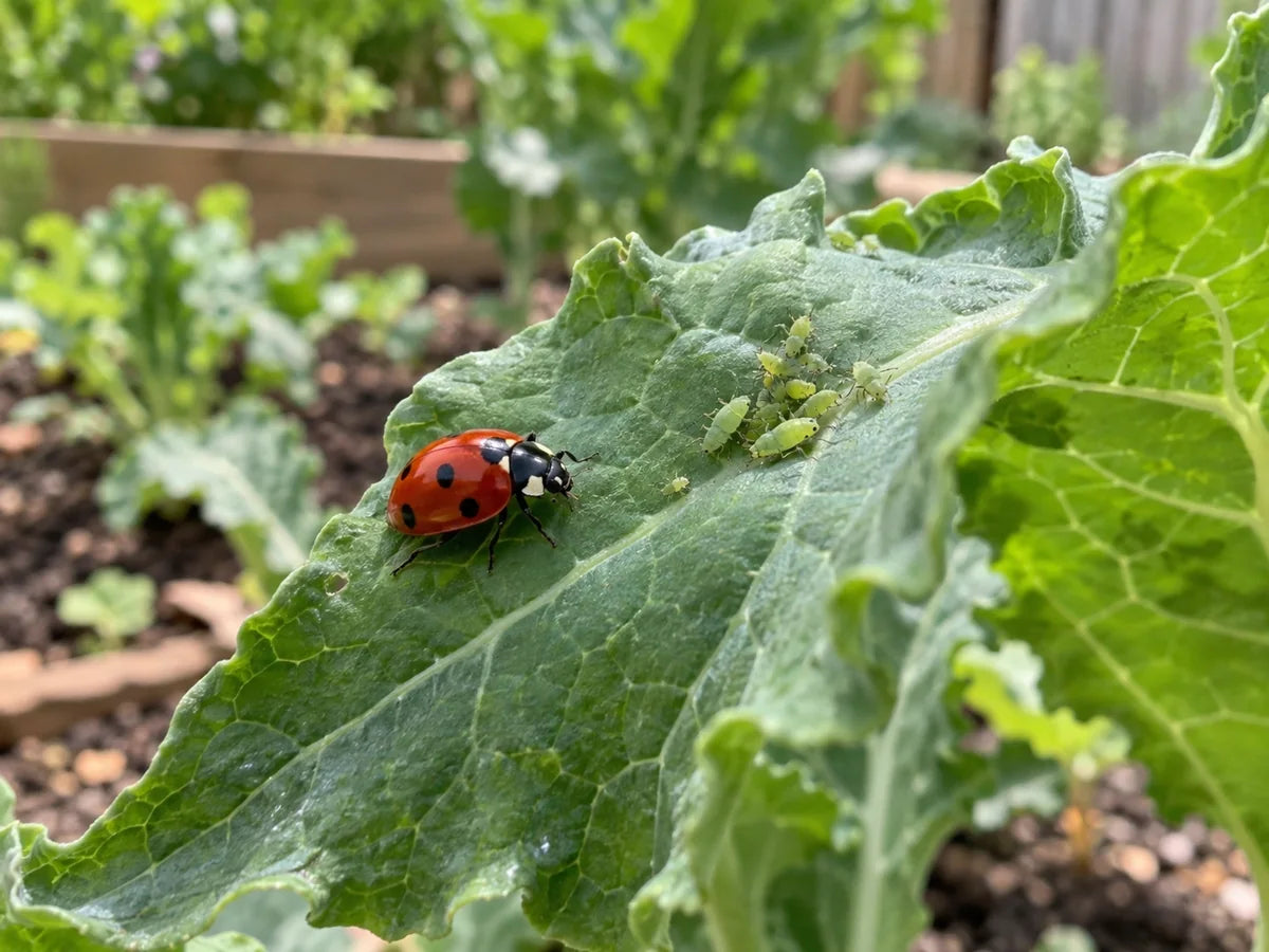 Illustrative lady beetle and pale green aphids on a leaf
