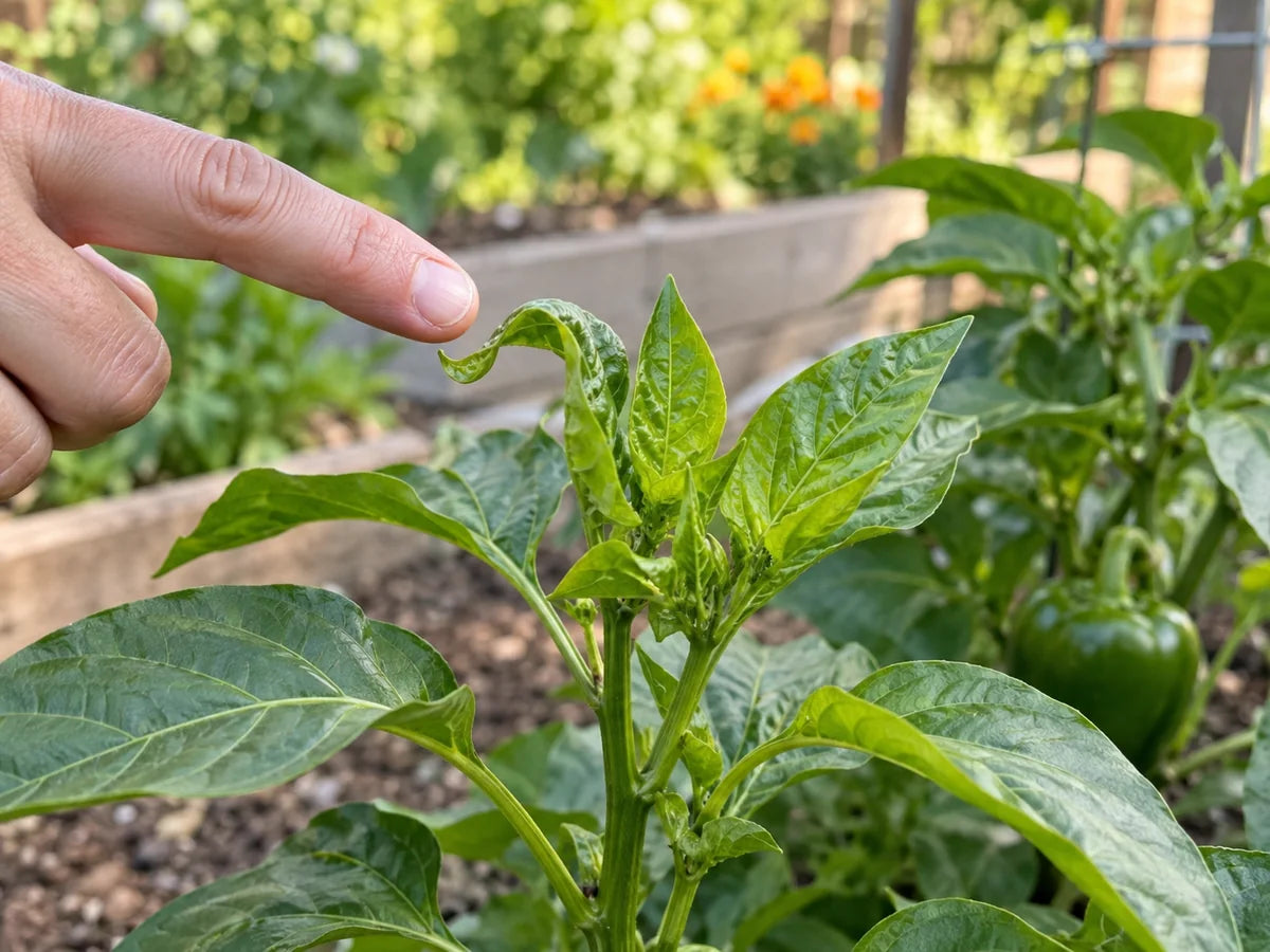 Illustrative new pepper leaves, one slightly curled, being checked for fresh damage