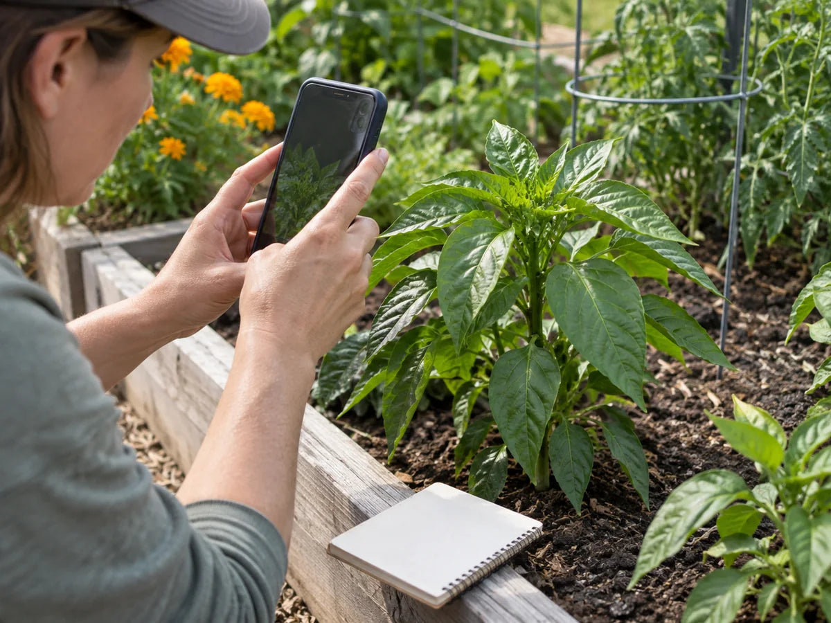 Illustrative gardener photographing the same pepper plant for a later comparison
