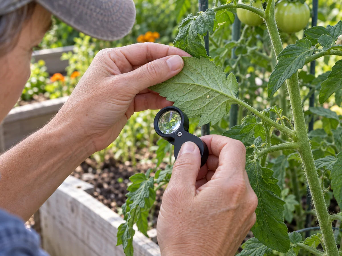 Illustrative gardener turning over an attached tomato leaf and checking its veins with a hand lens