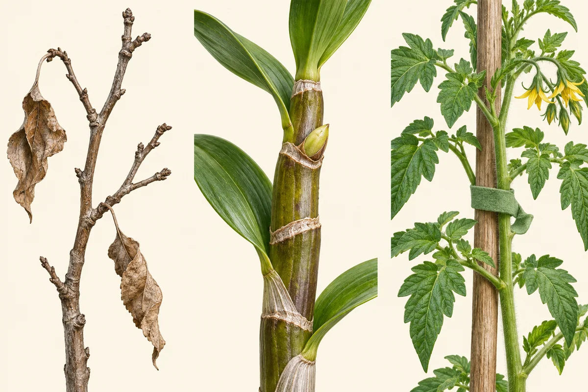 Botanical comparison of a dry twig, a firm orchid cane with a live eye, and a tomato stem supported to a stake