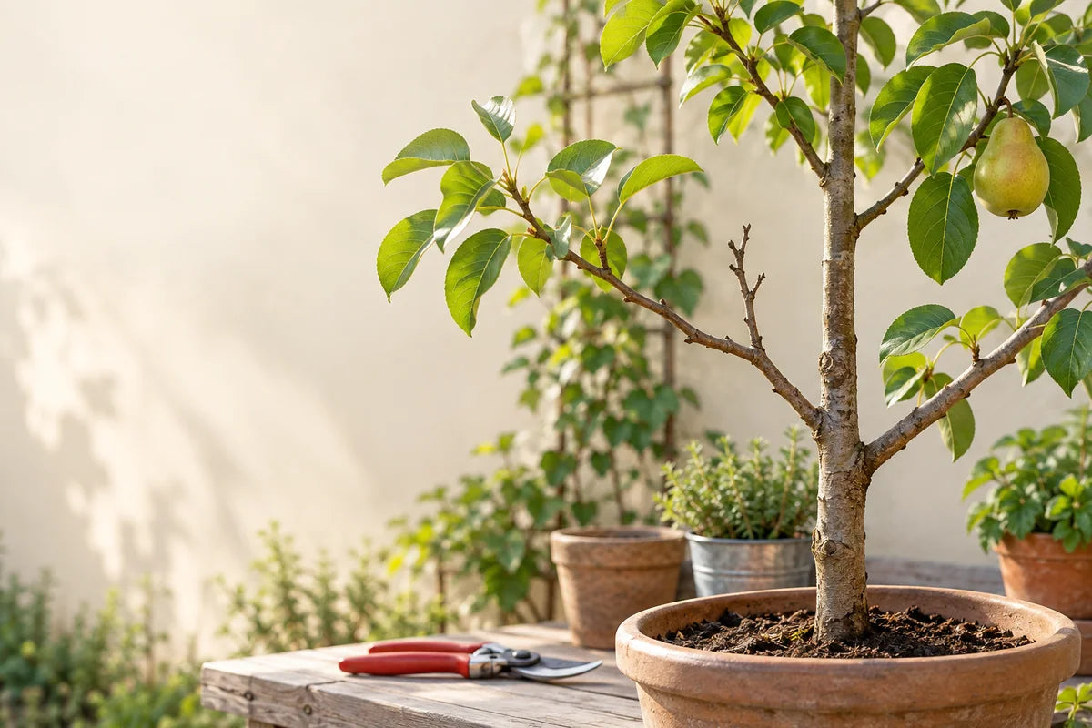 Young pear tree with a living branch, a small dry twig, and pruning shears waiting on a potting bench