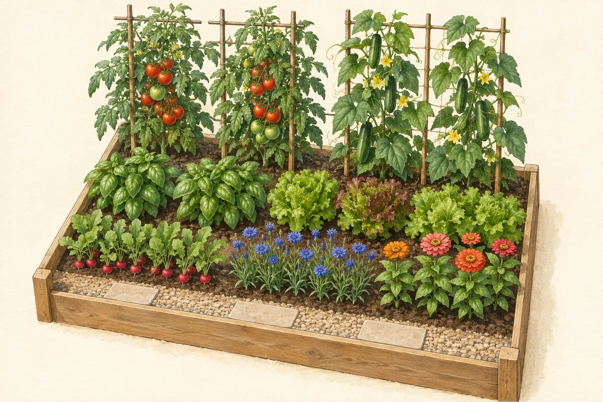 Botanical illustration of a raised bed arranged with tall trellised crops at the back, medium plants in the center and low crops and flowers along the front