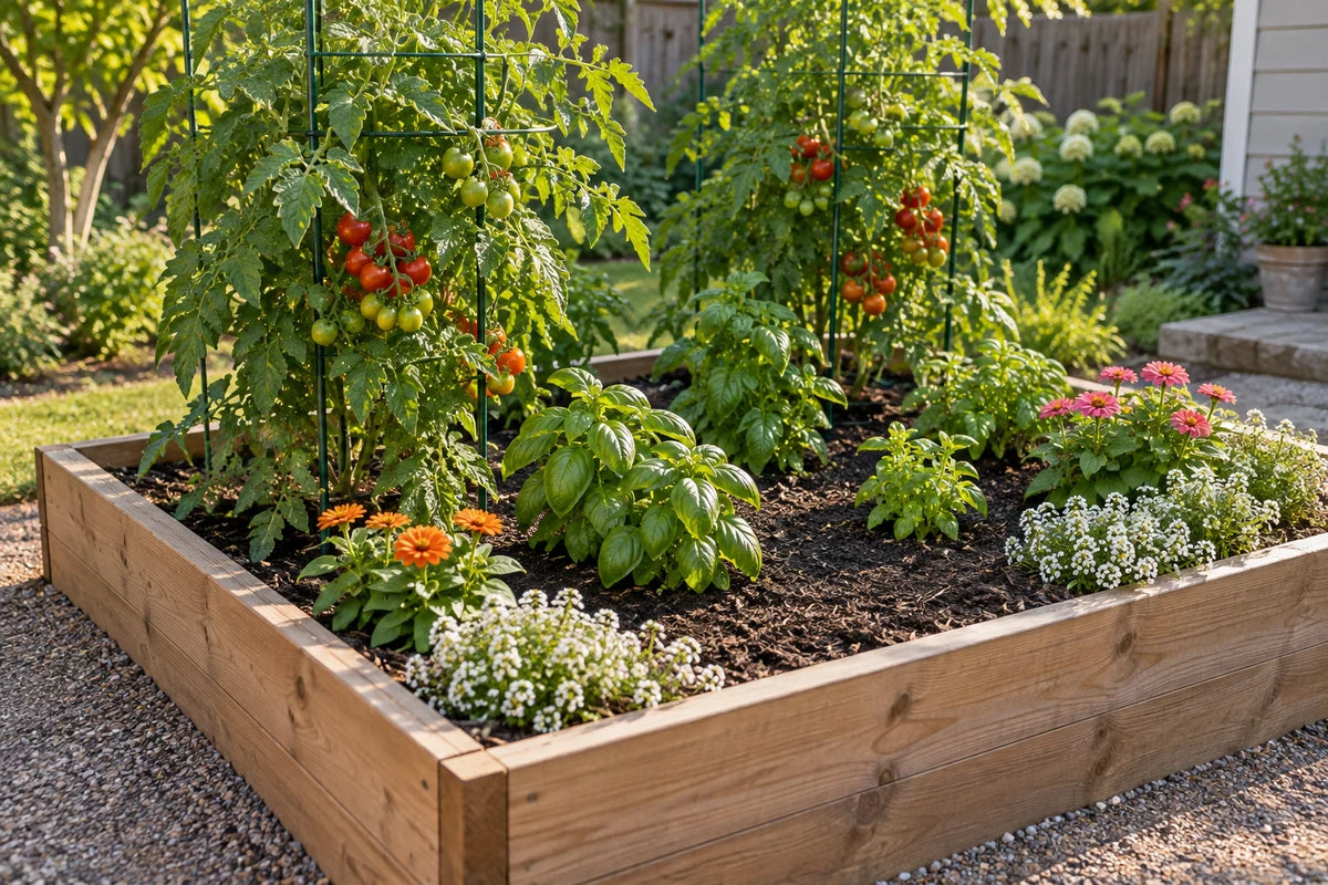 Raised garden bed with tomatoes, basil and flowering plants