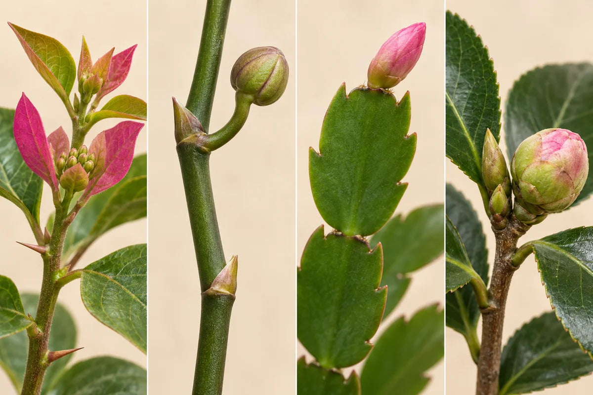 Illustrative four-panel close-up of early bougainvillea bracts, a Phalaenopsis spike node, a terminal holiday cactus bud, and camellia flower and leaf buds