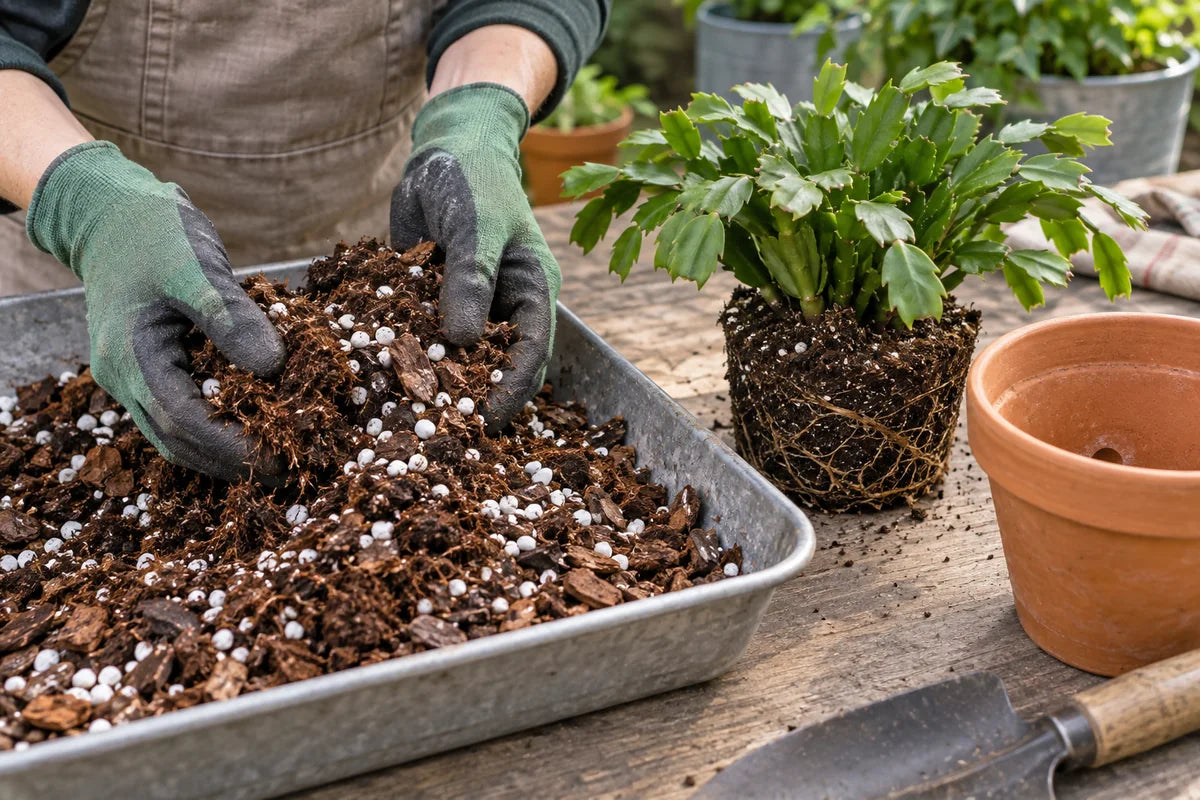 Illustrative use of hydrated coconut coir as one component of a bark-and-perlite mix beside a healthy unbudded holiday cactus and a drained terracotta pot
