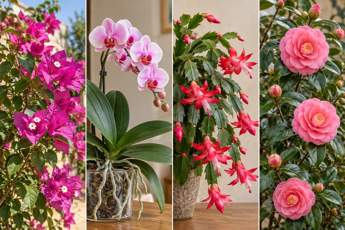 Four flowering plants: magenta bougainvillea, pink Phalaenopsis orchid, red holiday cactus, and pink camellia