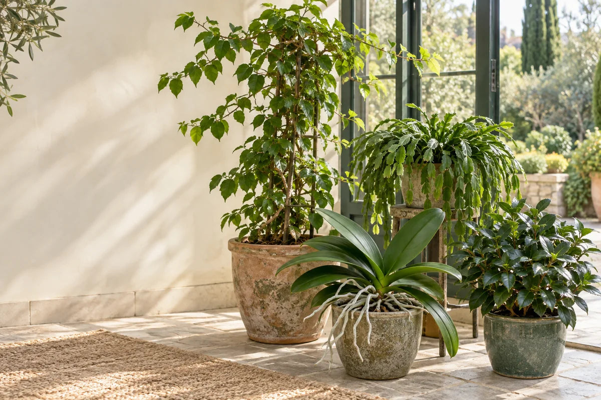 Healthy leafy bougainvillea, Phalaenopsis orchid, holiday cactus, and camellia without flowers in a bright conservatory