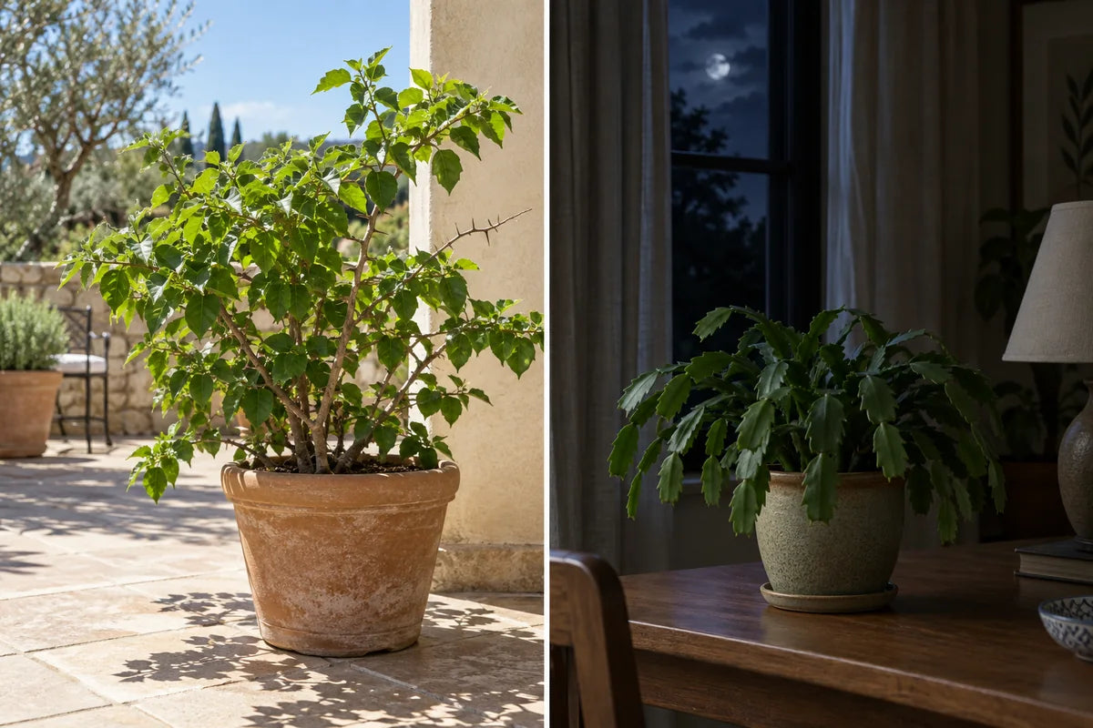 Illustrative comparison of a bougainvillea in strong direct daytime sun and a holiday cactus in an uninterrupted dark room at night