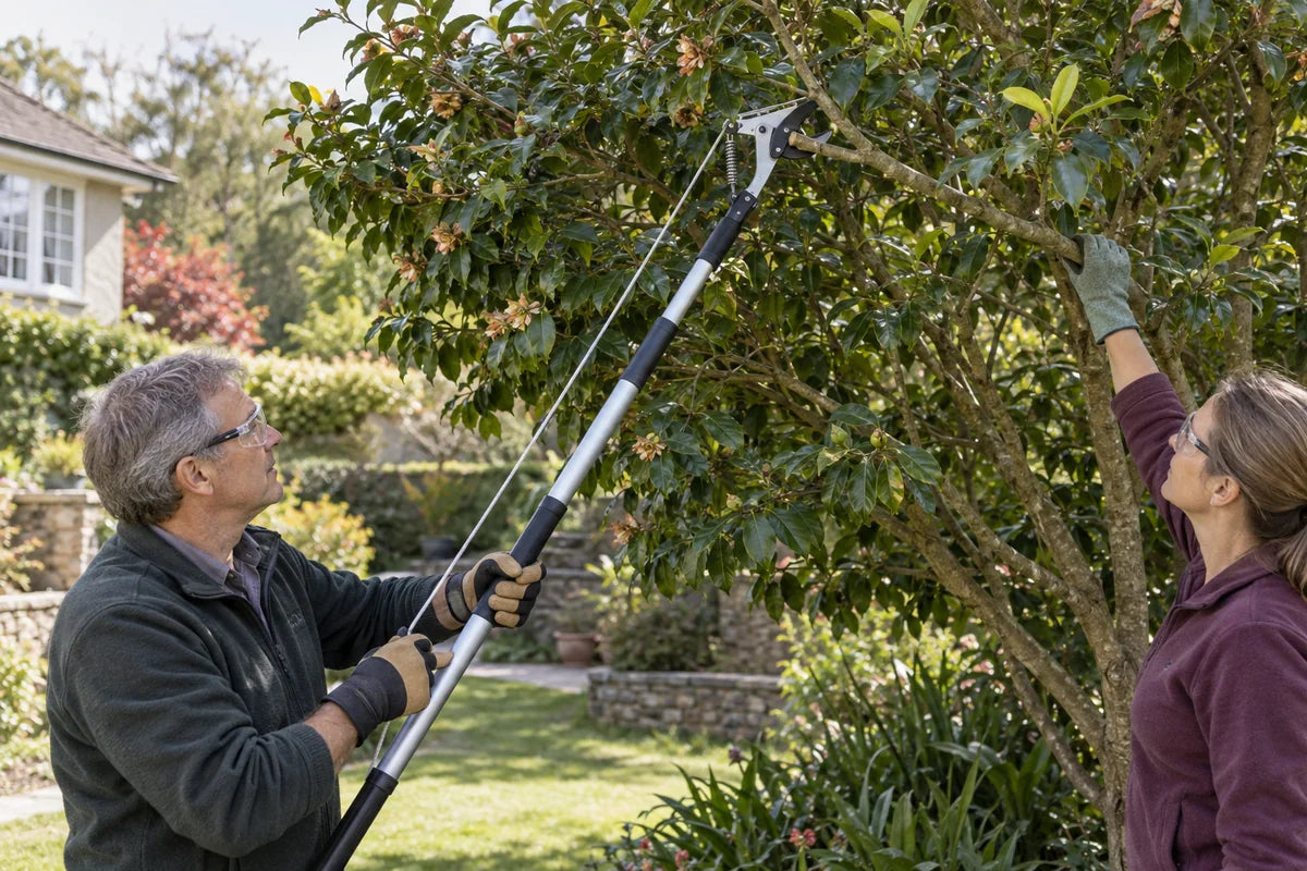 Illustrative safe use of a rope-operated pole lopper on one high camellia branch after flowering while a helper supports the branch