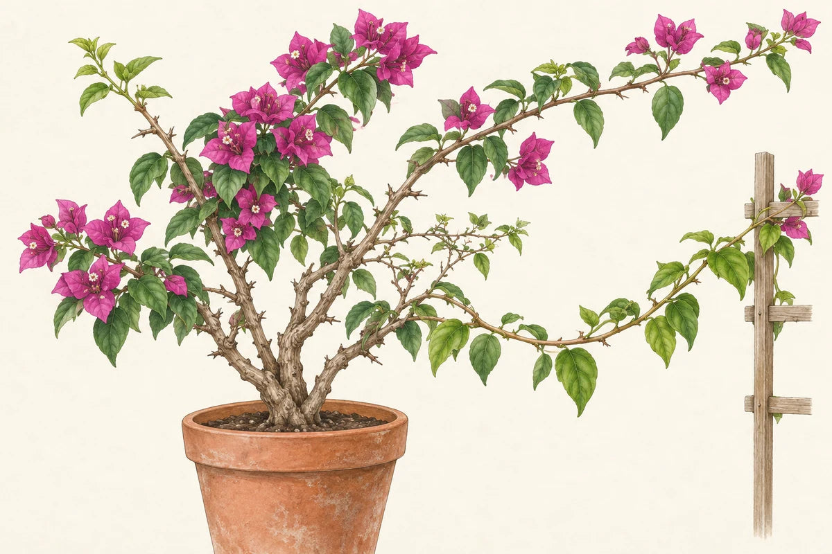 Botanical illustration of a potted bougainvillea showing a fresh tip, an overlong outer branch, a crowded inner twig, and a flexible shoot at a trellis