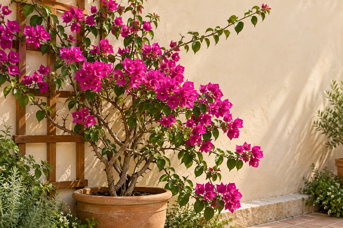 Flowering magenta bougainvillea in a terracotta pot beside a wooden trellis