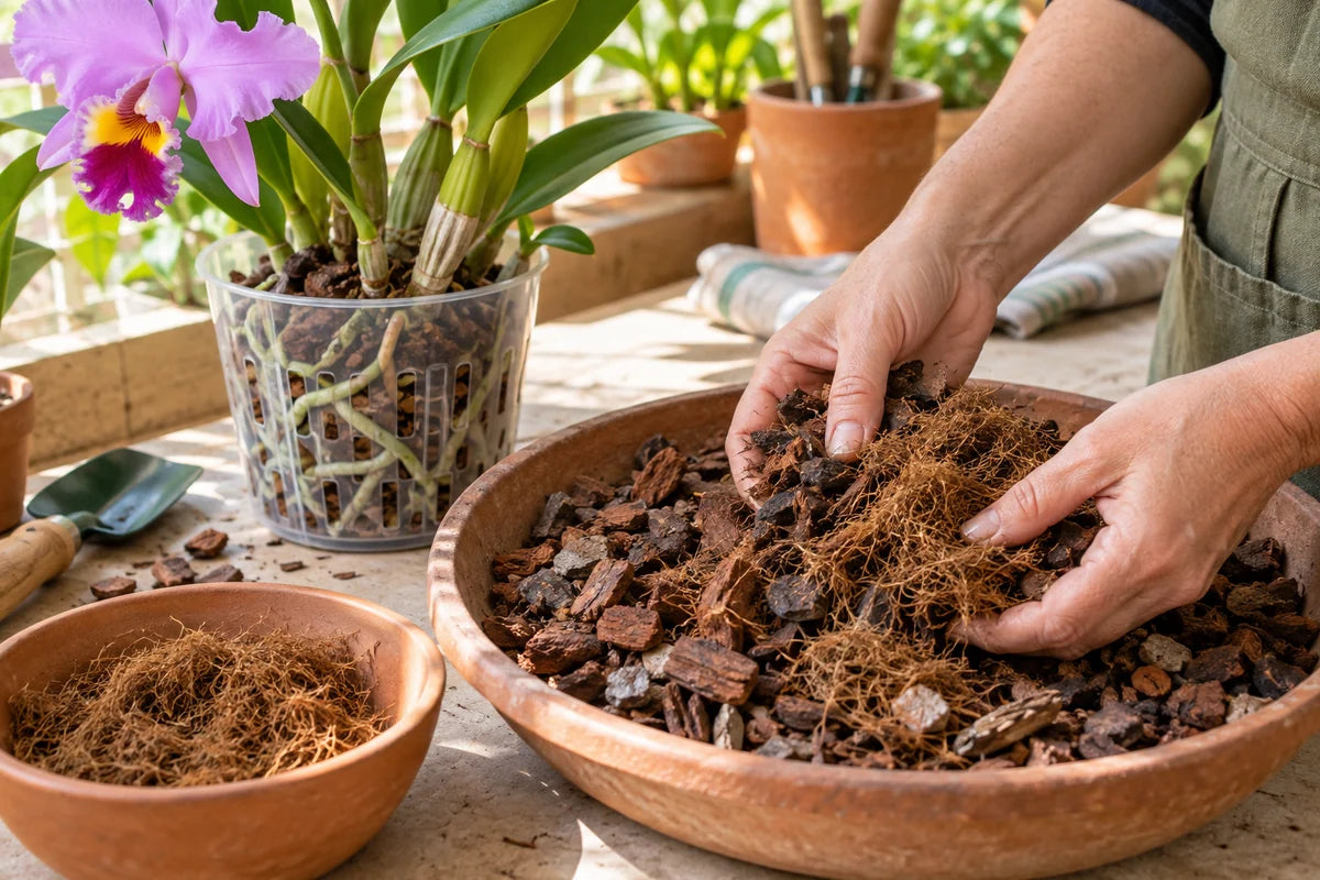 Illustrative orchid mix preparation: loose coconut coir blended sparingly with chunky orchid bark.