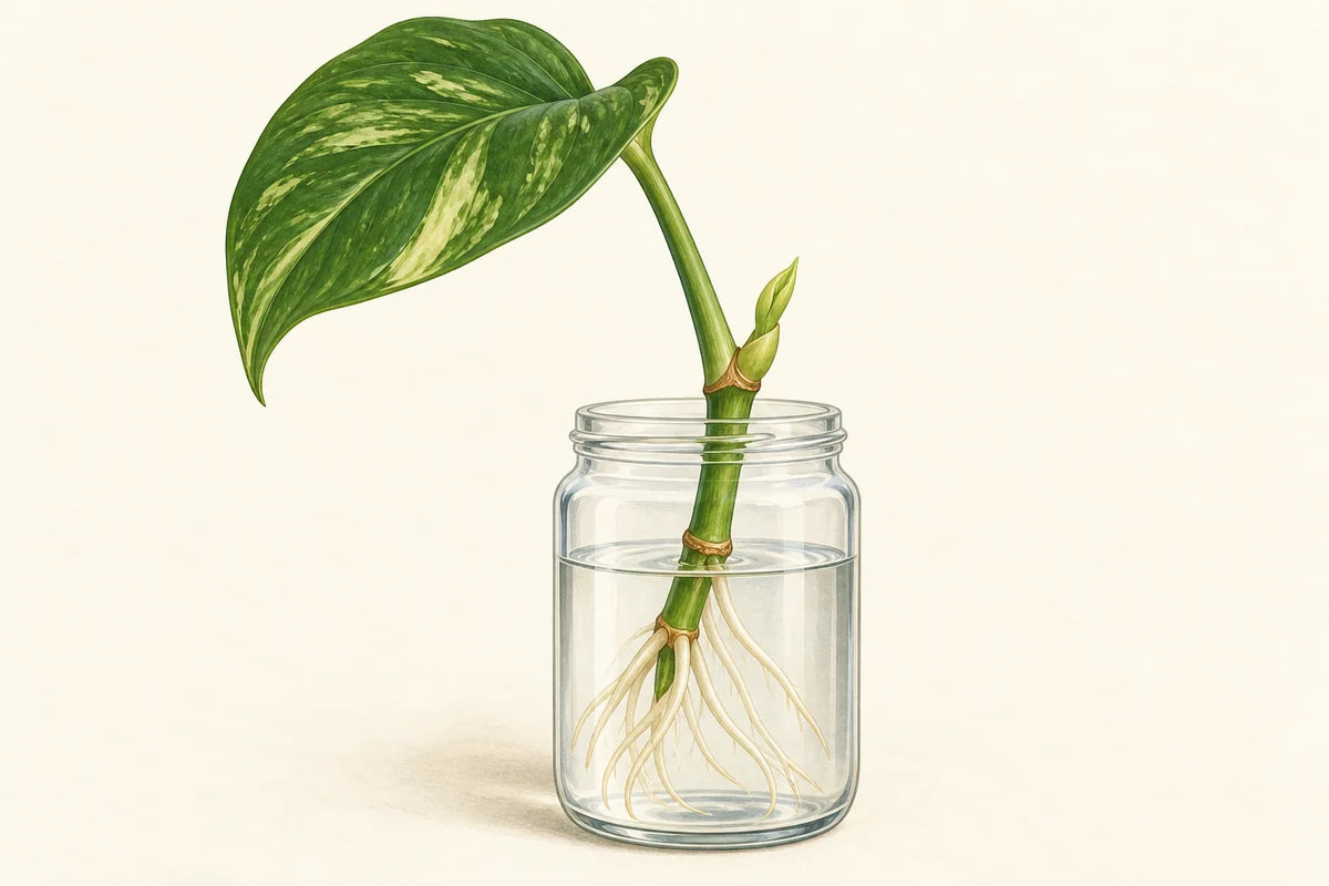 Illustration of a rooted stem cutting showing a leaf, petiole, node and bud, roots, and a new shoot.