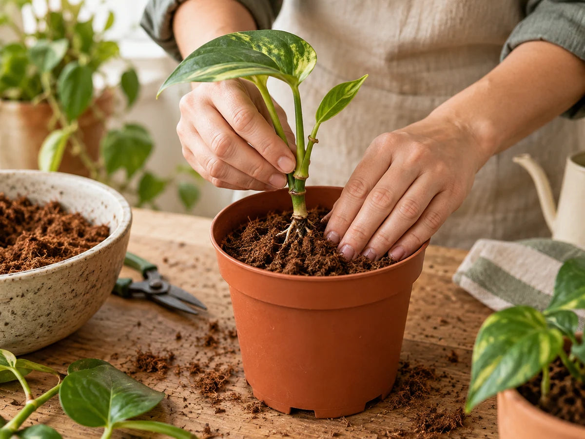 A gardener potting a rooted houseplant stem cutting with a node and small new shoot into loose coconut coir.