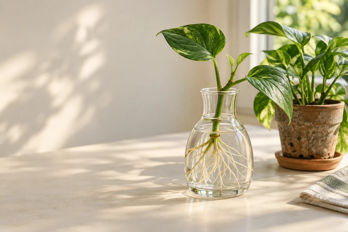 A rooted pothos stem cutting in a clear vessel with a new shoot growing above the water.