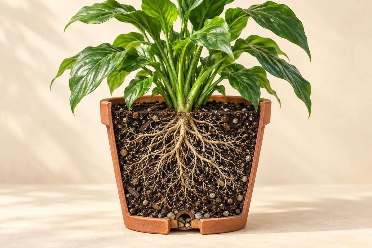 Illustrative cutaway of a healthy potted plant with green leaves, branching roots, porous growing medium, and an open drainage hole