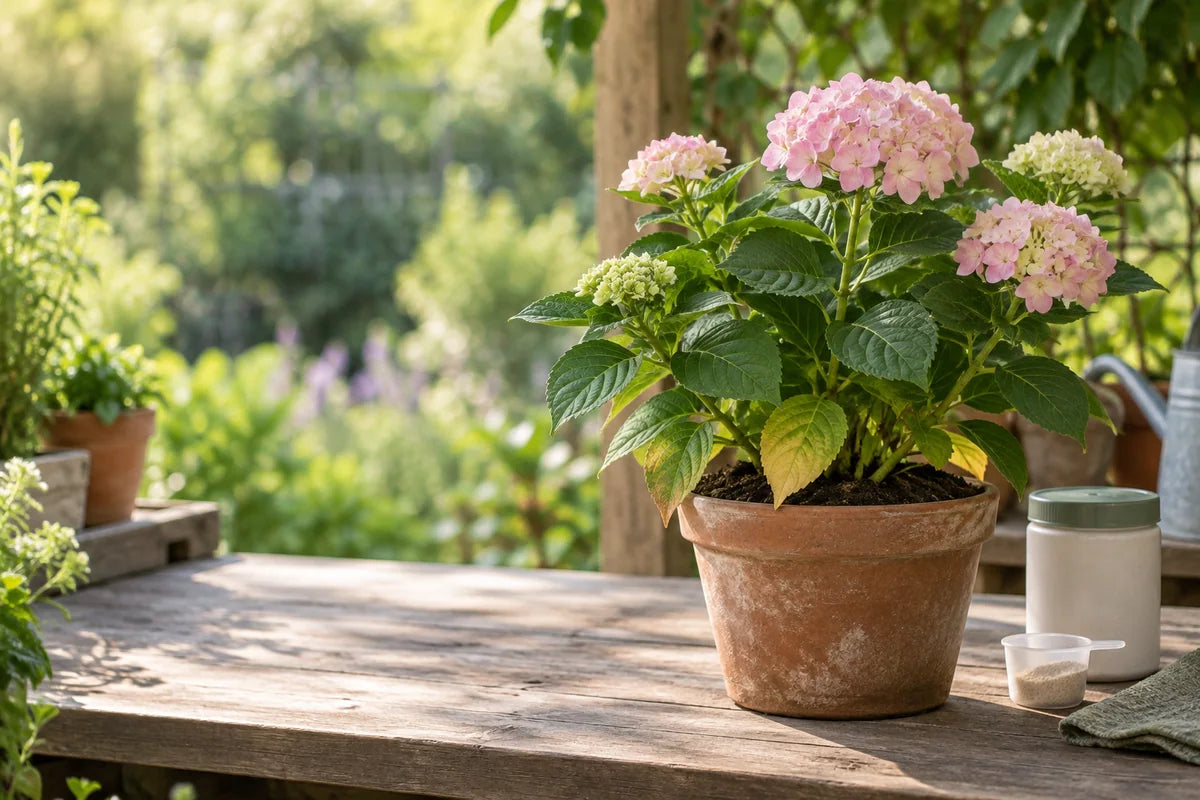 Potted hydrangea with a few yellow lower leaves beside an unbranded fertilizer container and measuring scoop