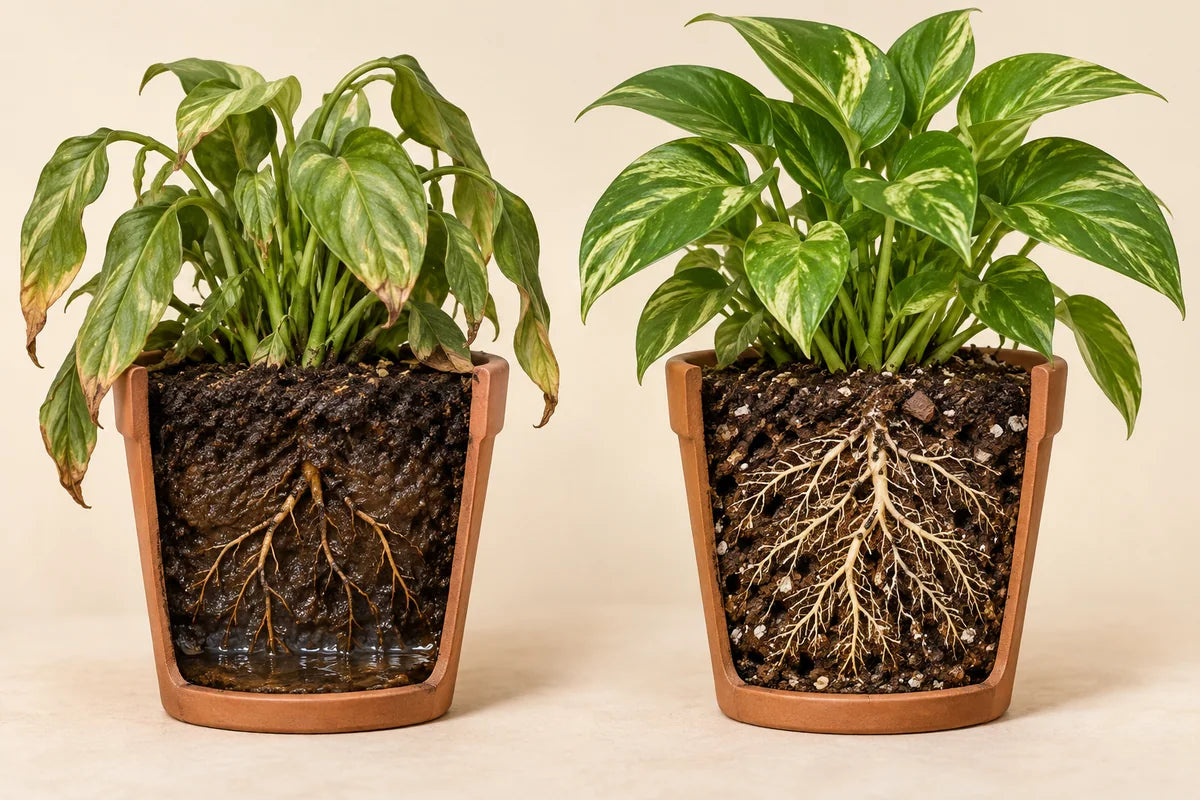 Illustrative comparison of a waterlogged compacted root zone and a porous growing medium with healthy branching roots