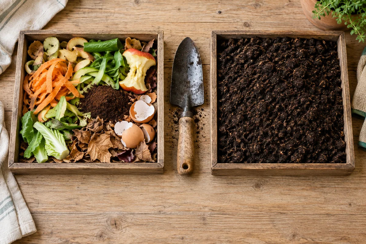 Fresh vegetable scraps, coffee grounds, dry leaves and eggshells beside dark crumbly finished compost