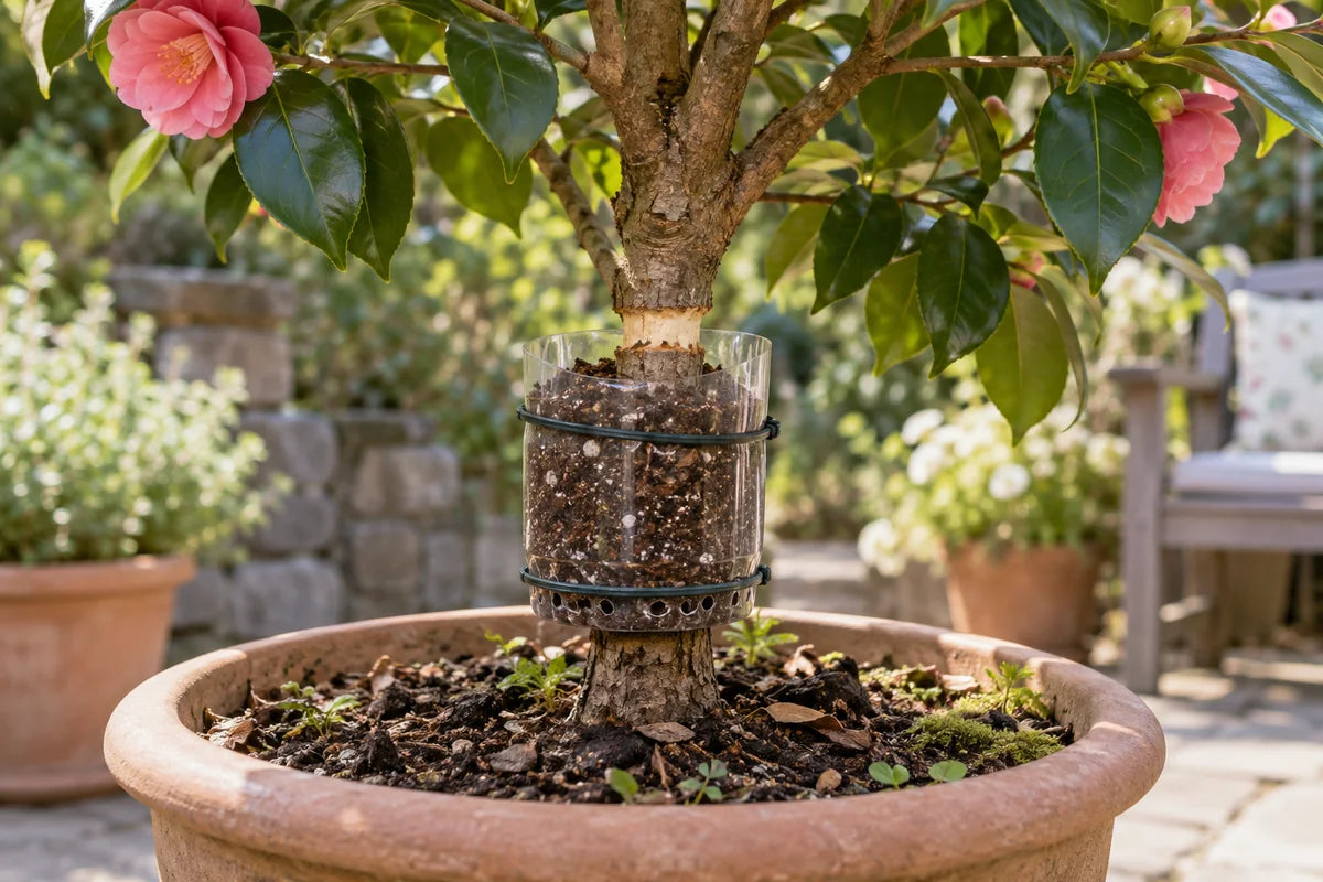 Transparent bottle collar filled with rooting medium around a ring-wounded camellia trunk just above the original potting soil