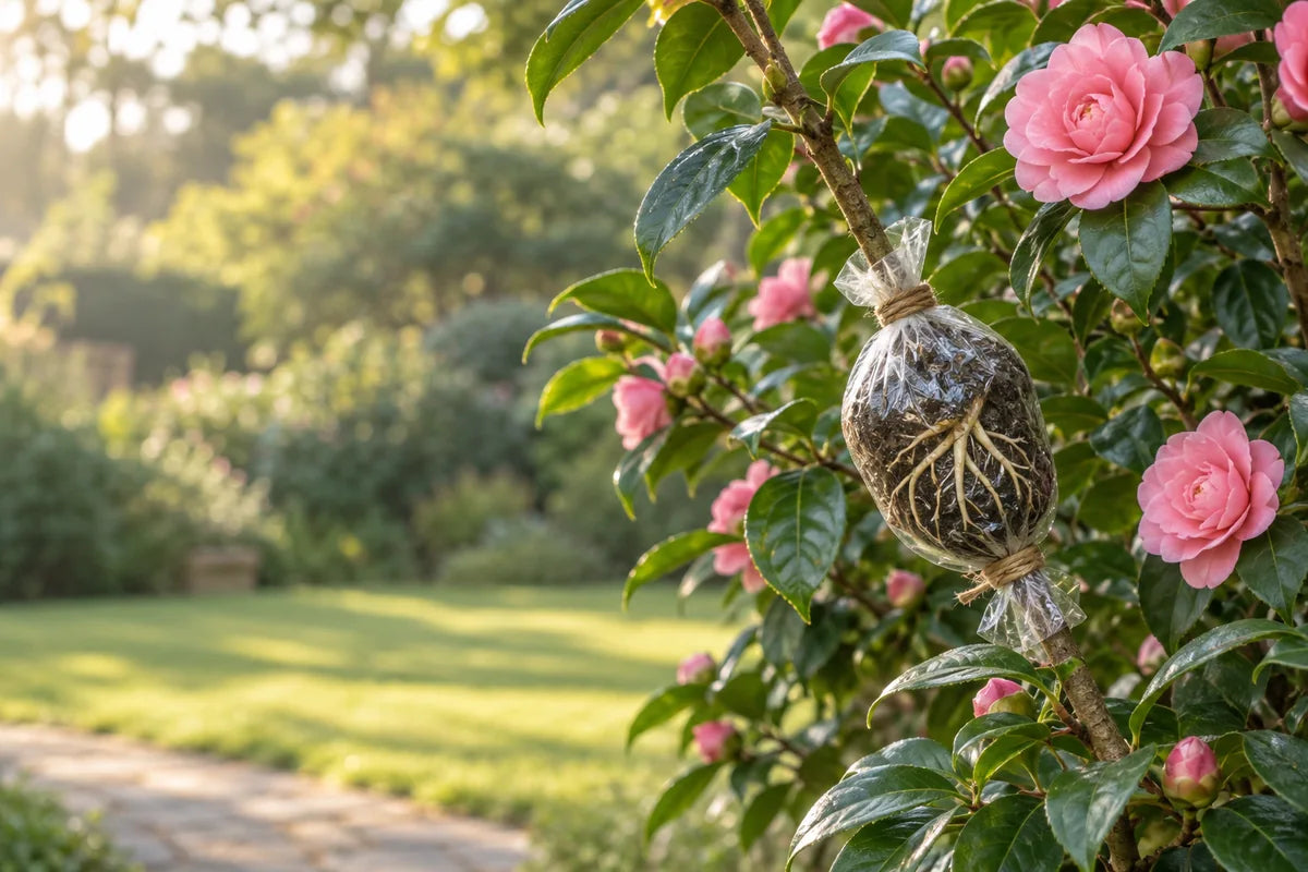Rooted air-layer bundle on an attached branch of a flowering camellia