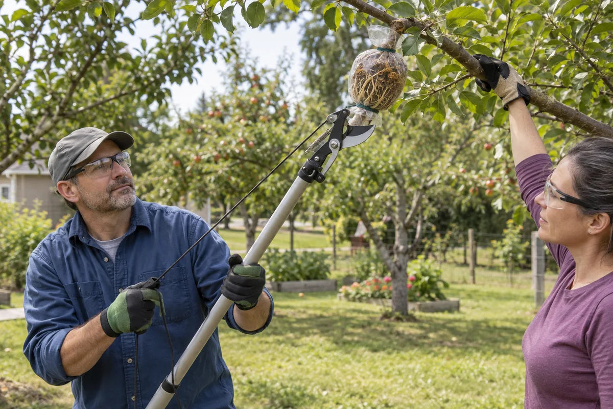 Illustrative safe use of a rope-operated pole lopper below a rooted air-layer bundle while a helper supports the branch
