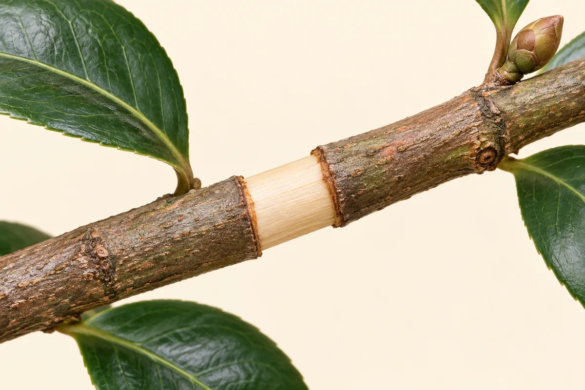 Clean ring of bark removed from a healthy woody camellia branch while the pale wood remains intact
