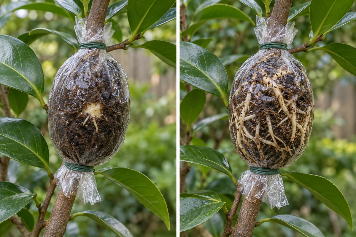 Illustrative comparison of an air layer with sparse new roots and one with roots distributed throughout the bundle