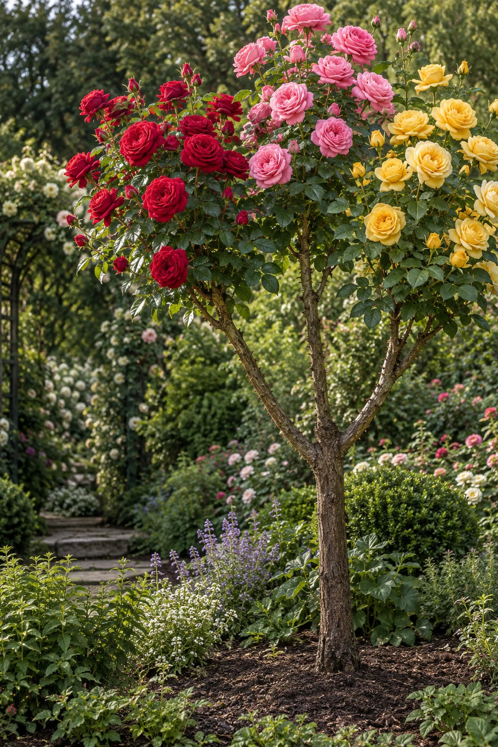 Branch map for a red, pink and yellow multi-grafted rose