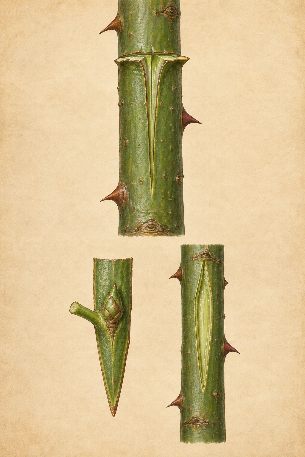 Enlarged rose T-cut above, and bud shield beside its donor cane below