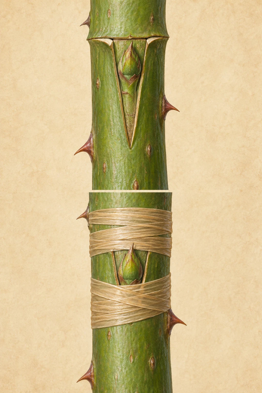 Rose bud shield fitted into bark above and secured with binding around the exposed bud below