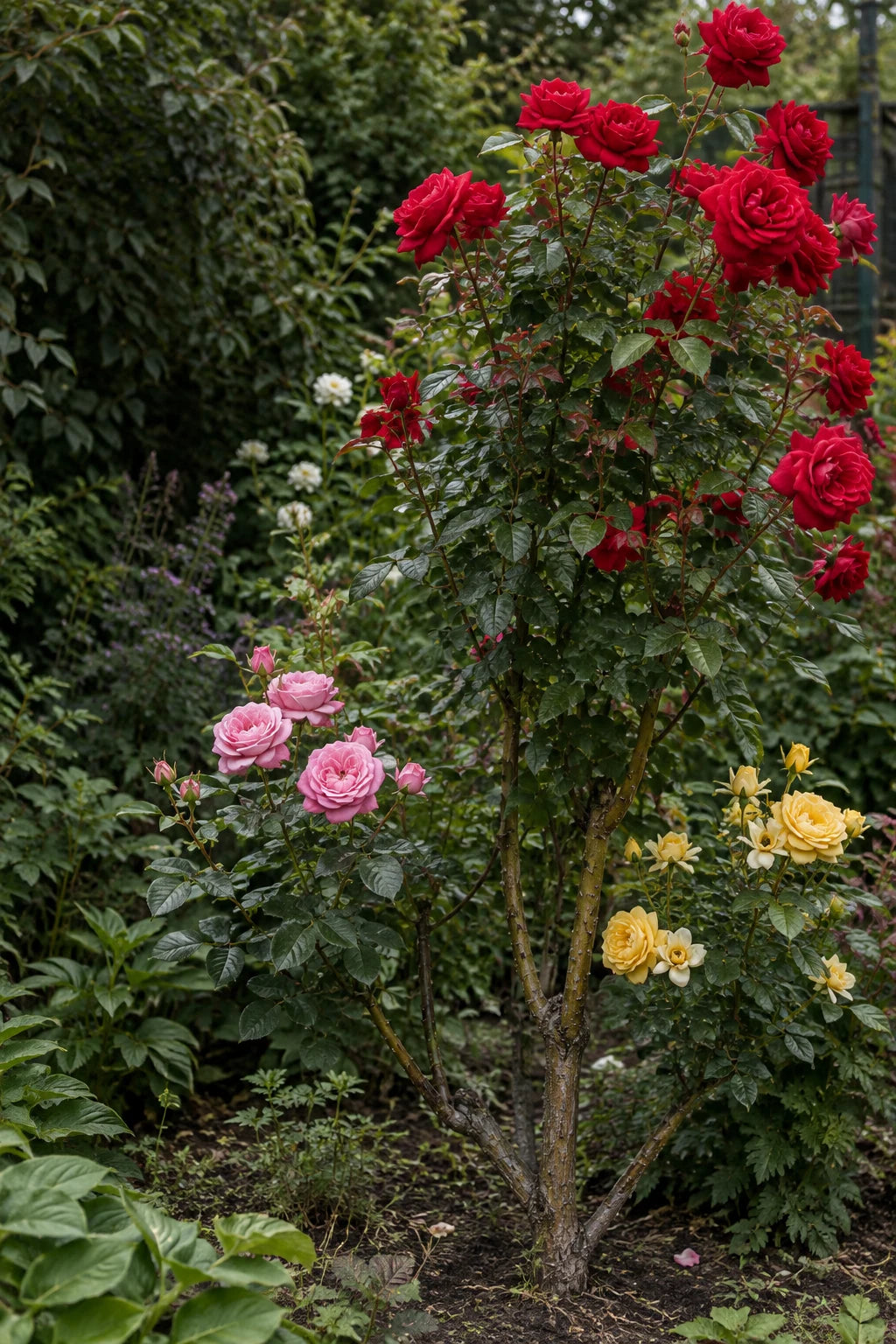 One vigorous rose branch beginning to dominate two other varieties
