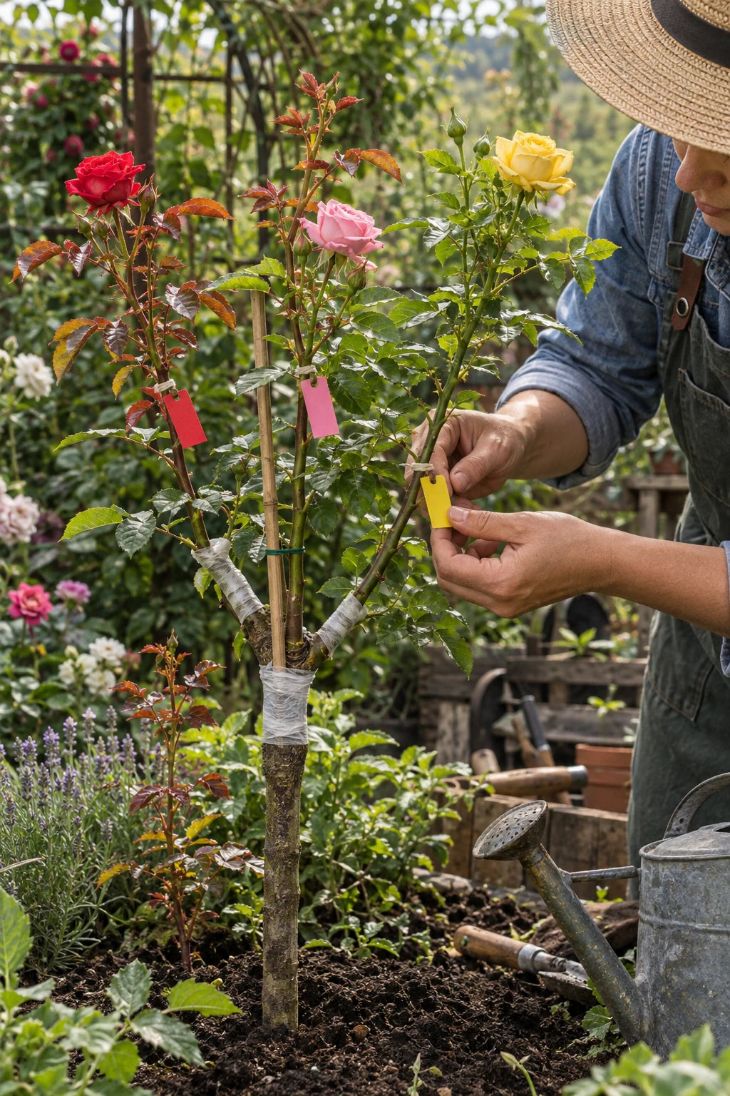 Three labeled young rose shoots supported after grafting