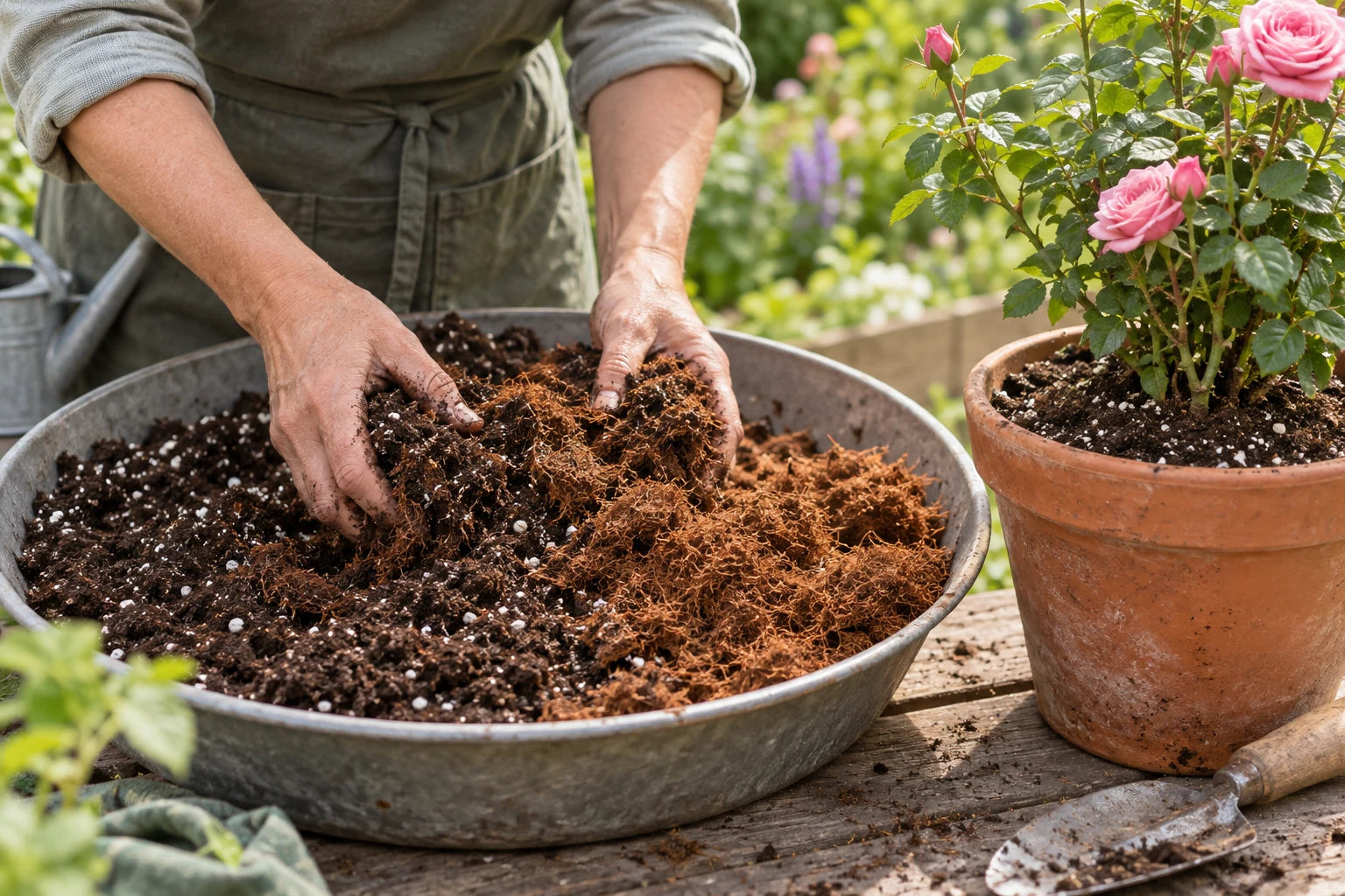 Illustration of a gardener blending hydrated coconut coir with potting mix beside a potted rose